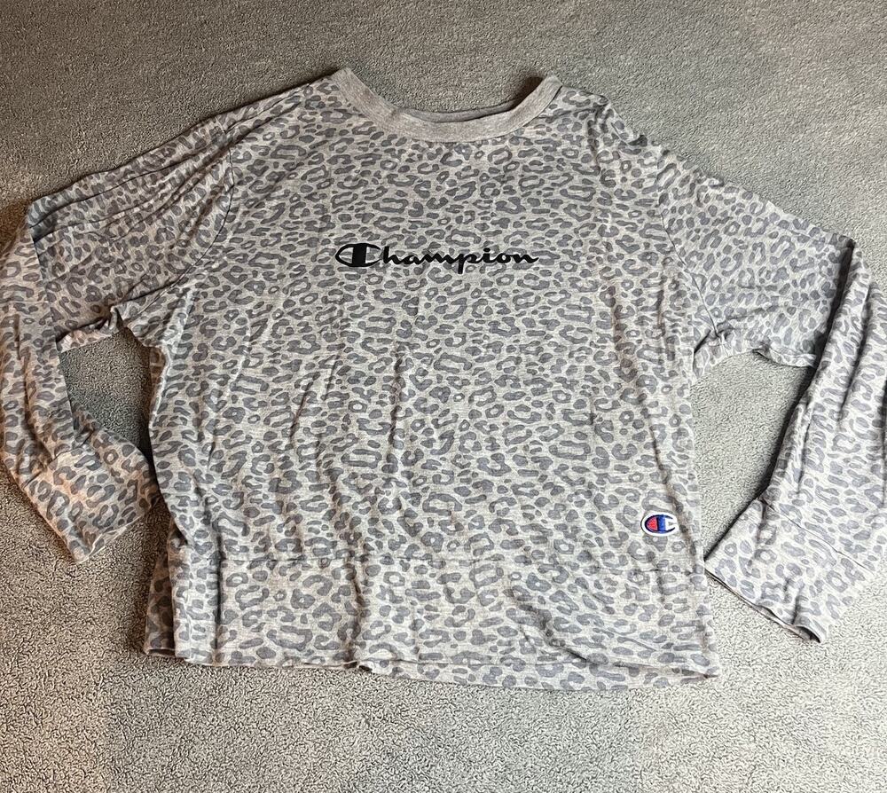 Champion Women's Medium Gray All Over Leopard Animal Print Long Sleeve Top M